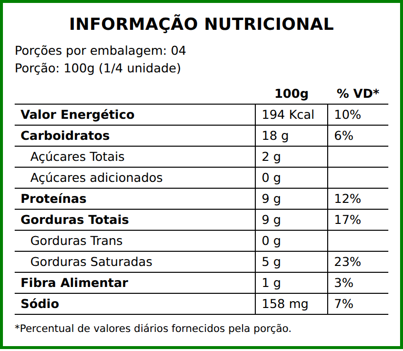 Informação nutricional do PP05