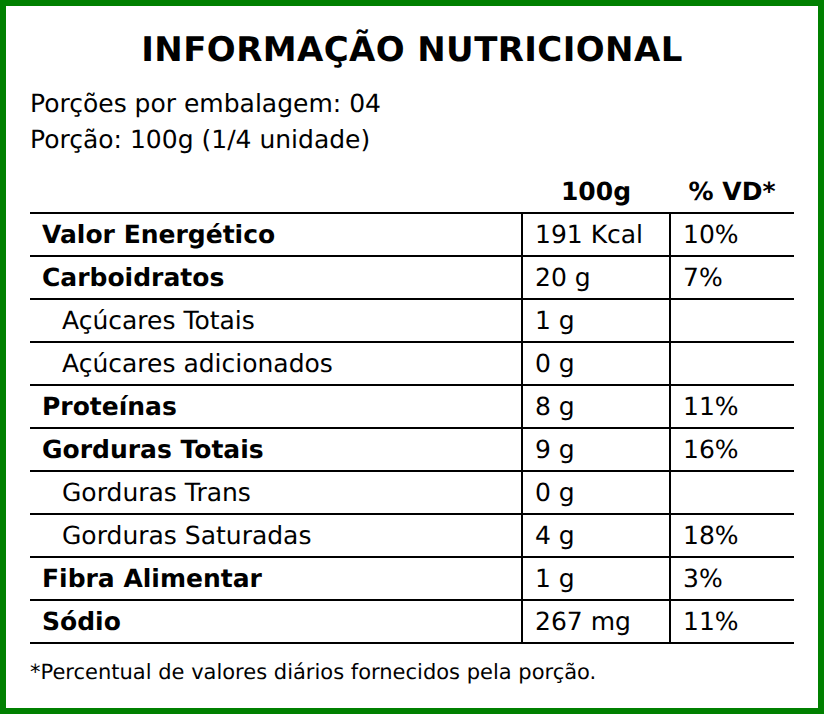 Informação nutricional do PP10