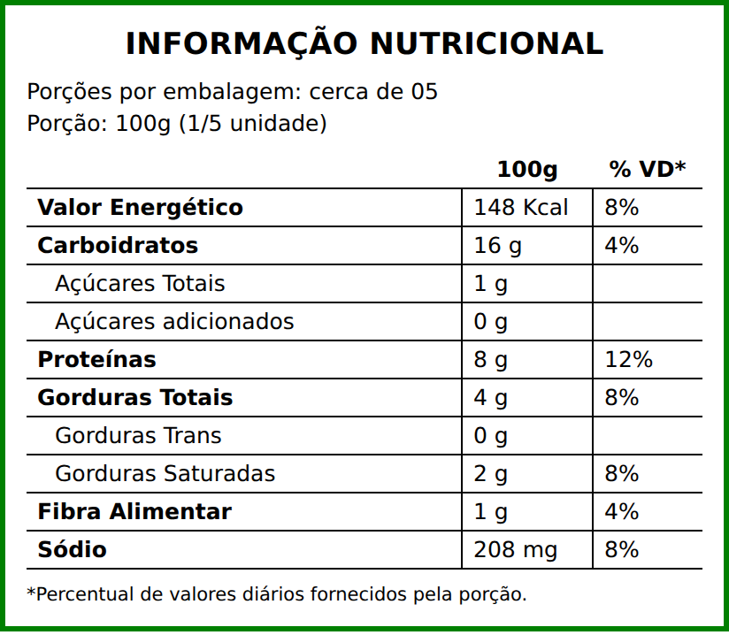 Informação nutricional do PP19