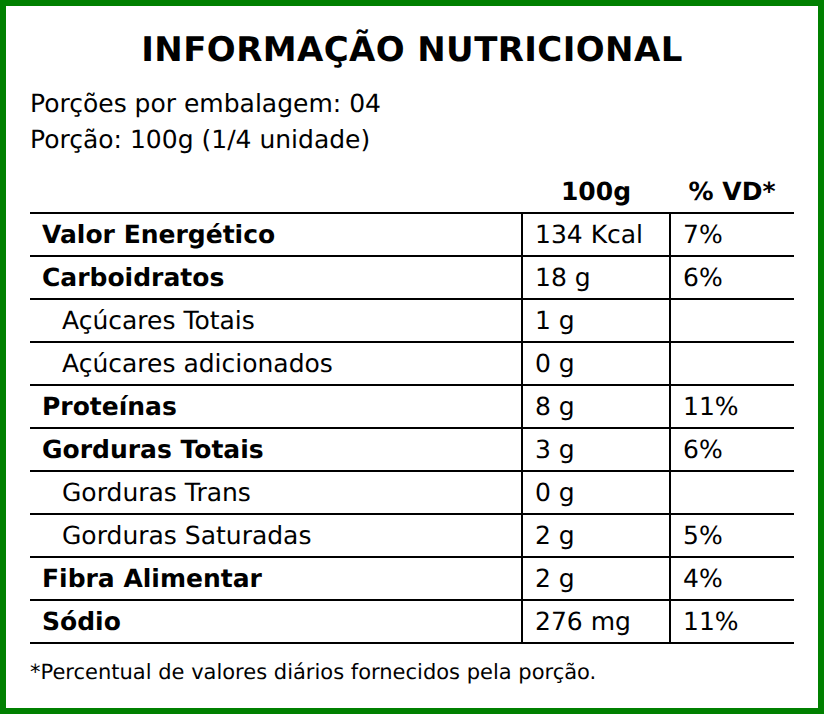 Informação nutricional do PP25